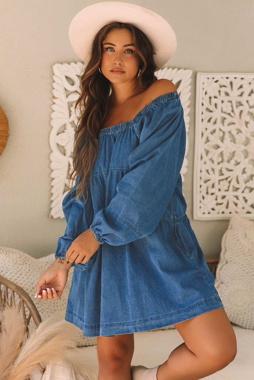 Square Neck Side Pockets Loose Fit Denim Dress