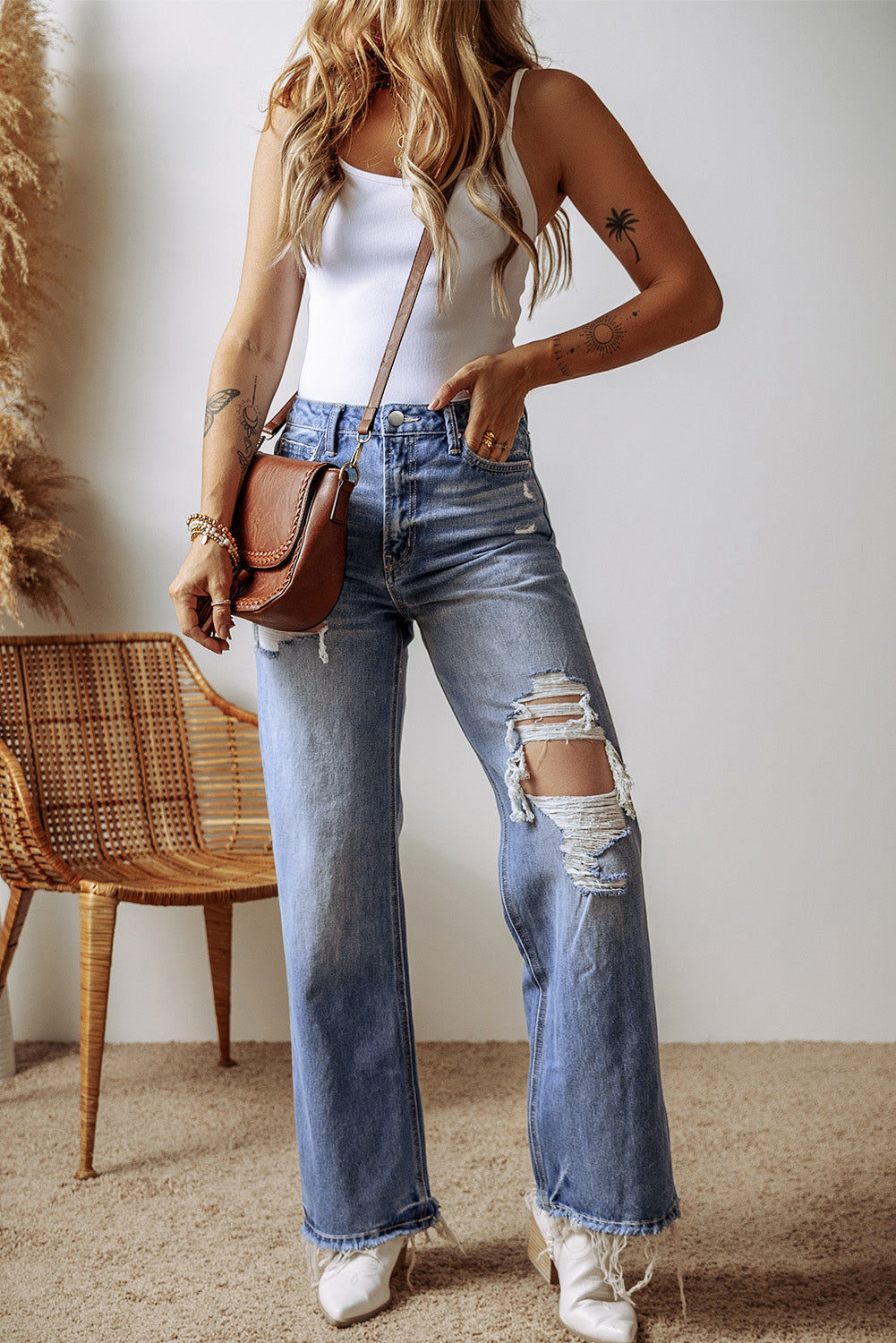 Distressed Raw Hem Straight Leg High Waist Jeans