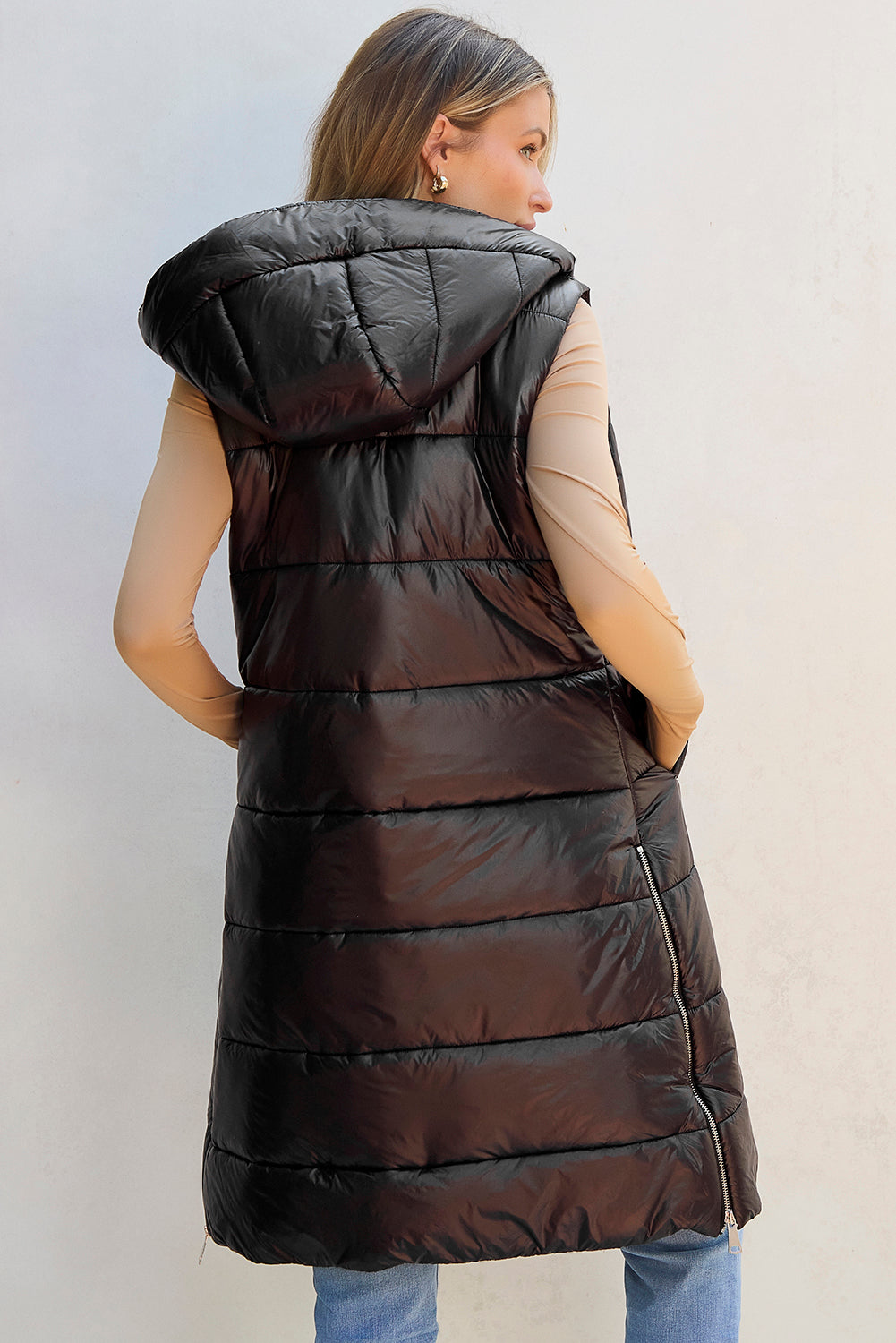 Black Hooded Long Quilted Vest PLUS Coat