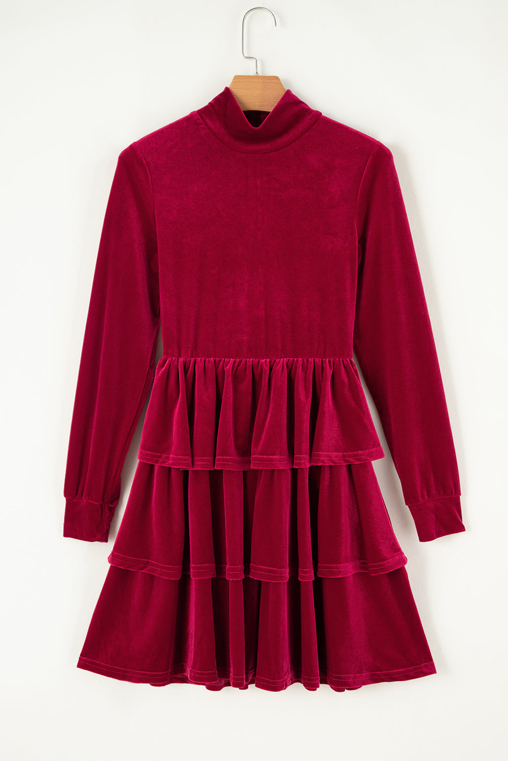 Velvet High Neck Tiered Ruffle Dress