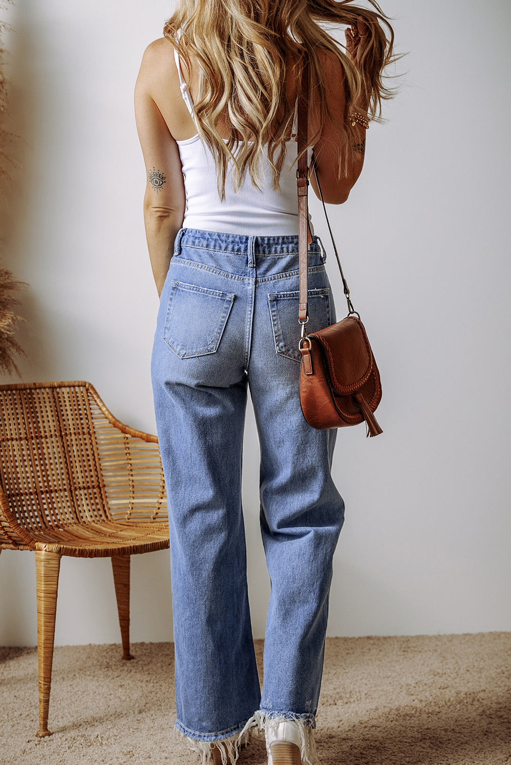 Distressed Raw Hem Straight Leg High Waist Jeans