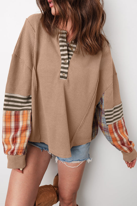 Waffle Stripe Plaid Patchwork Henley Knit Top
